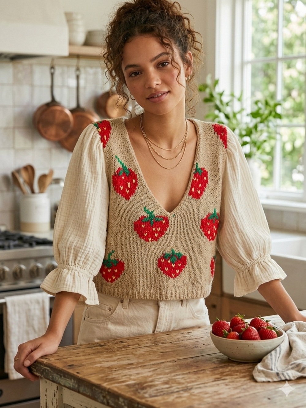 Free People Cream Puff-Sleeve Blouse with Tan Strawberry Knit Vest